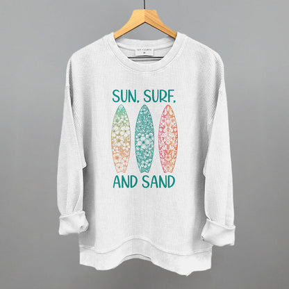 Sun, Surf and Sand Surfboards Beach graphic oversized corded crew in White