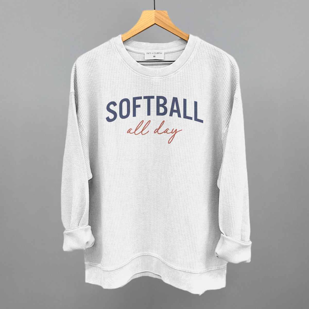 Softball All Day (Script) Funny Oversized Corded Crewneck Sweatshirt in White – Ivy + Cloth