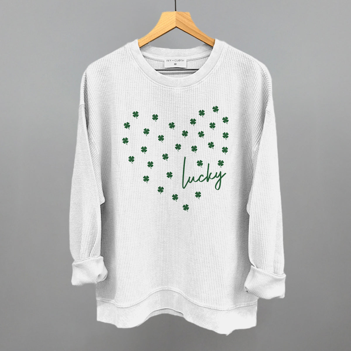 Lucky (Heart Shamrocks) Funny Oversized Corded Crewneck Sweatshirt in White – Ivy + Cloth