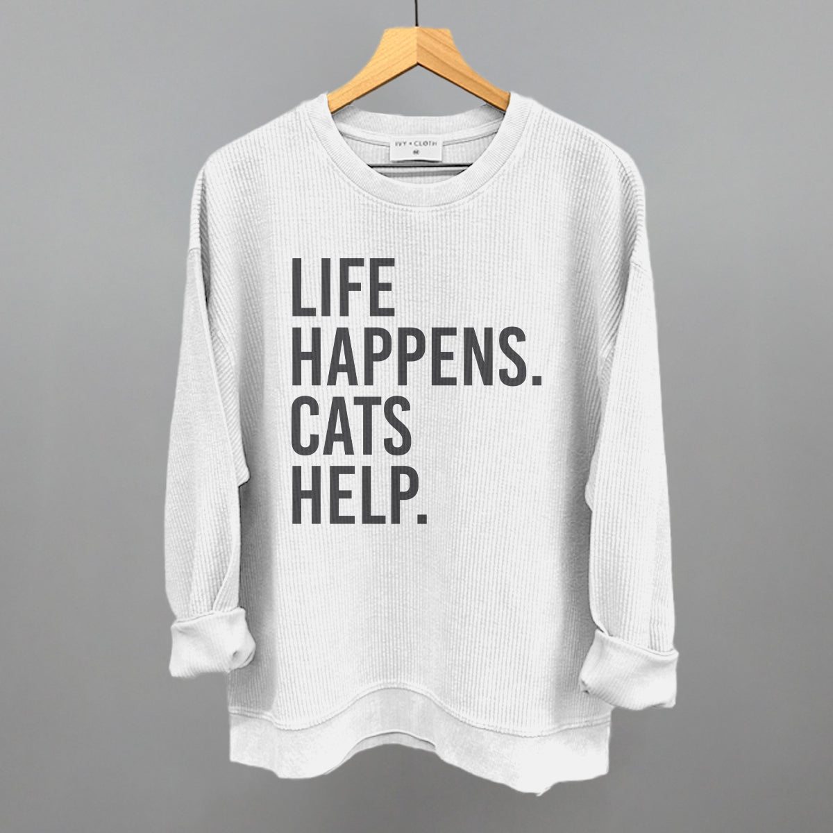 Life Happens Cats Help Cat Lover graphic oversized corded crew in White