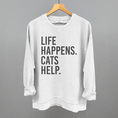 Life Happens Cats Help Cat Lover graphic oversized corded crew in White