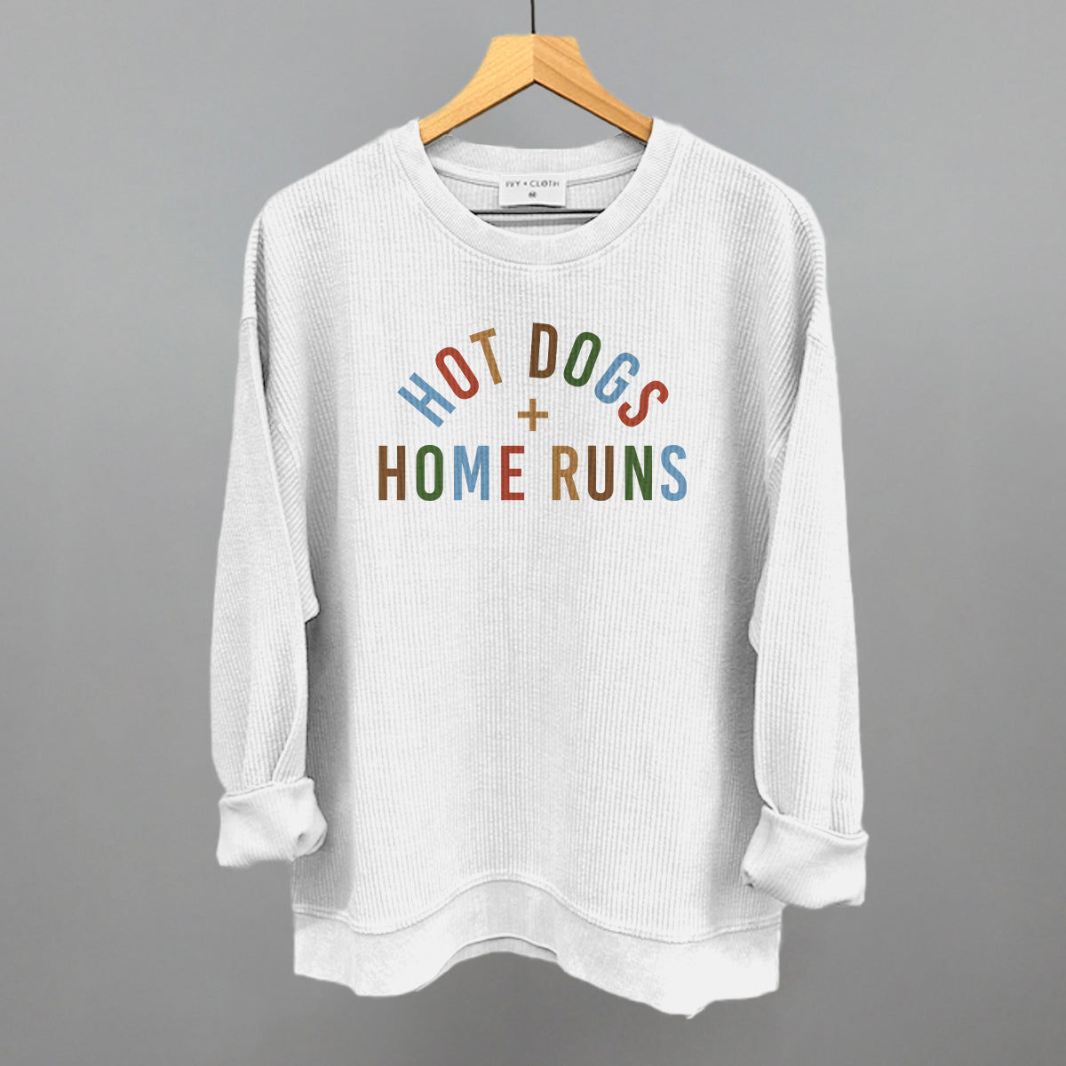 Hot Dogs and Home Runs Baseball graphic oversized corded crew in White