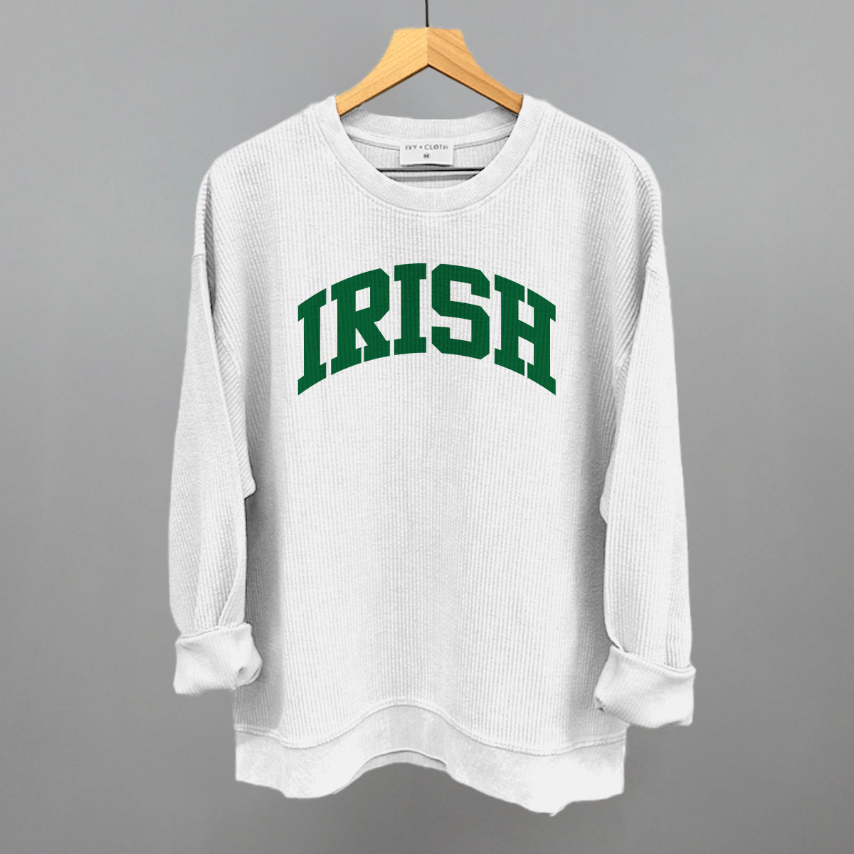 Irish Collegiate Funny Oversized Corded Crewneck Sweatshirt in White – Ivy + Cloth