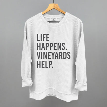 Life Happens Vineyards Help Wine graphic oversized corded crew in White