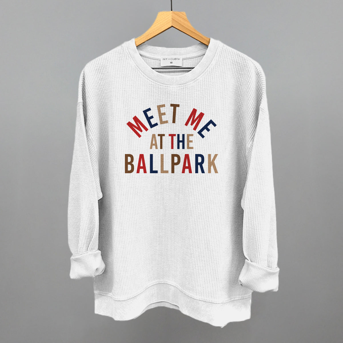 Meet Me At The Ballpark Baseball graphic oversized corded crew in White