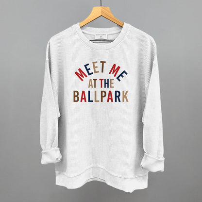 Meet Me At The Ballpark Baseball graphic oversized corded crew in White