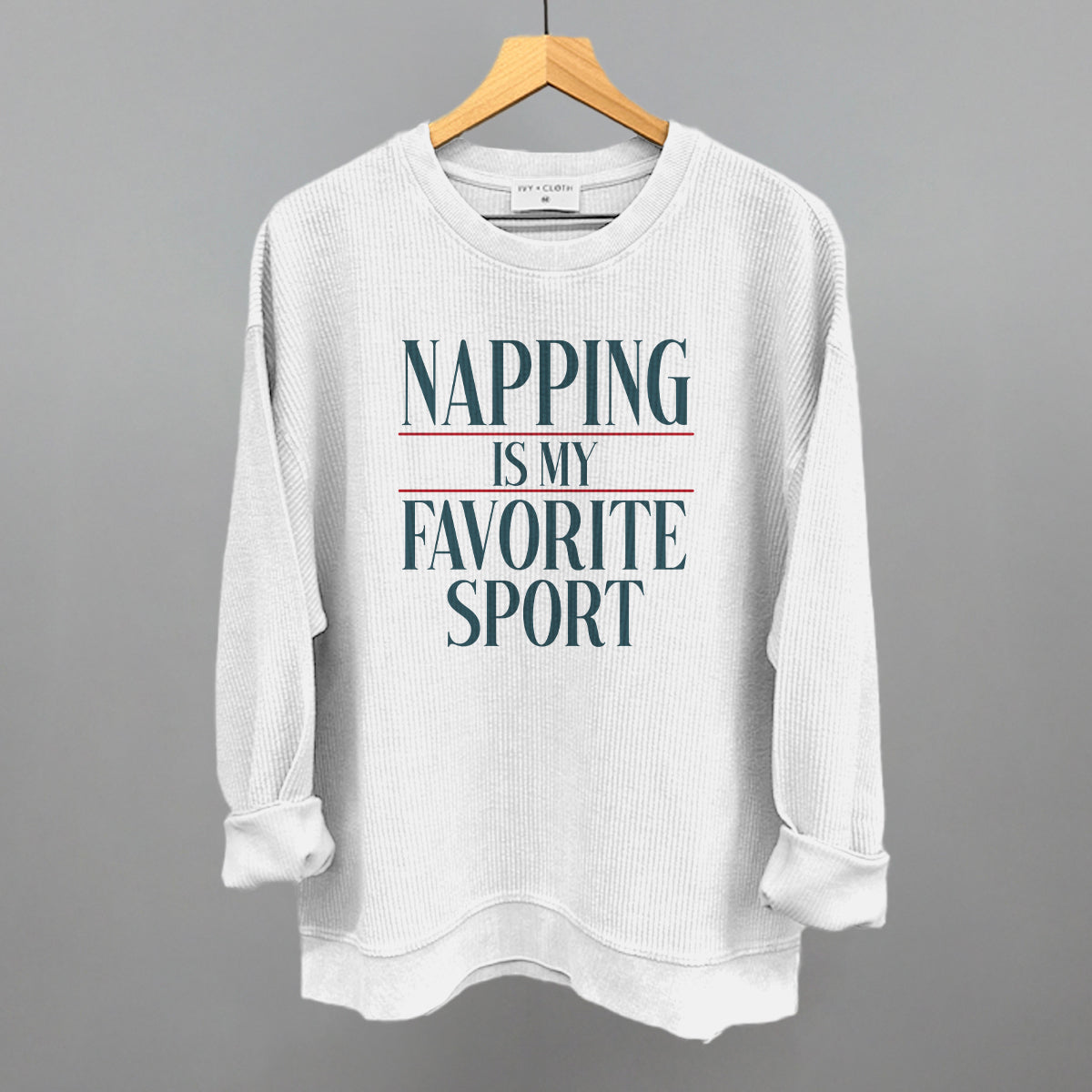 Napping Is My Favorite Sport graphic oversized corded crew in White