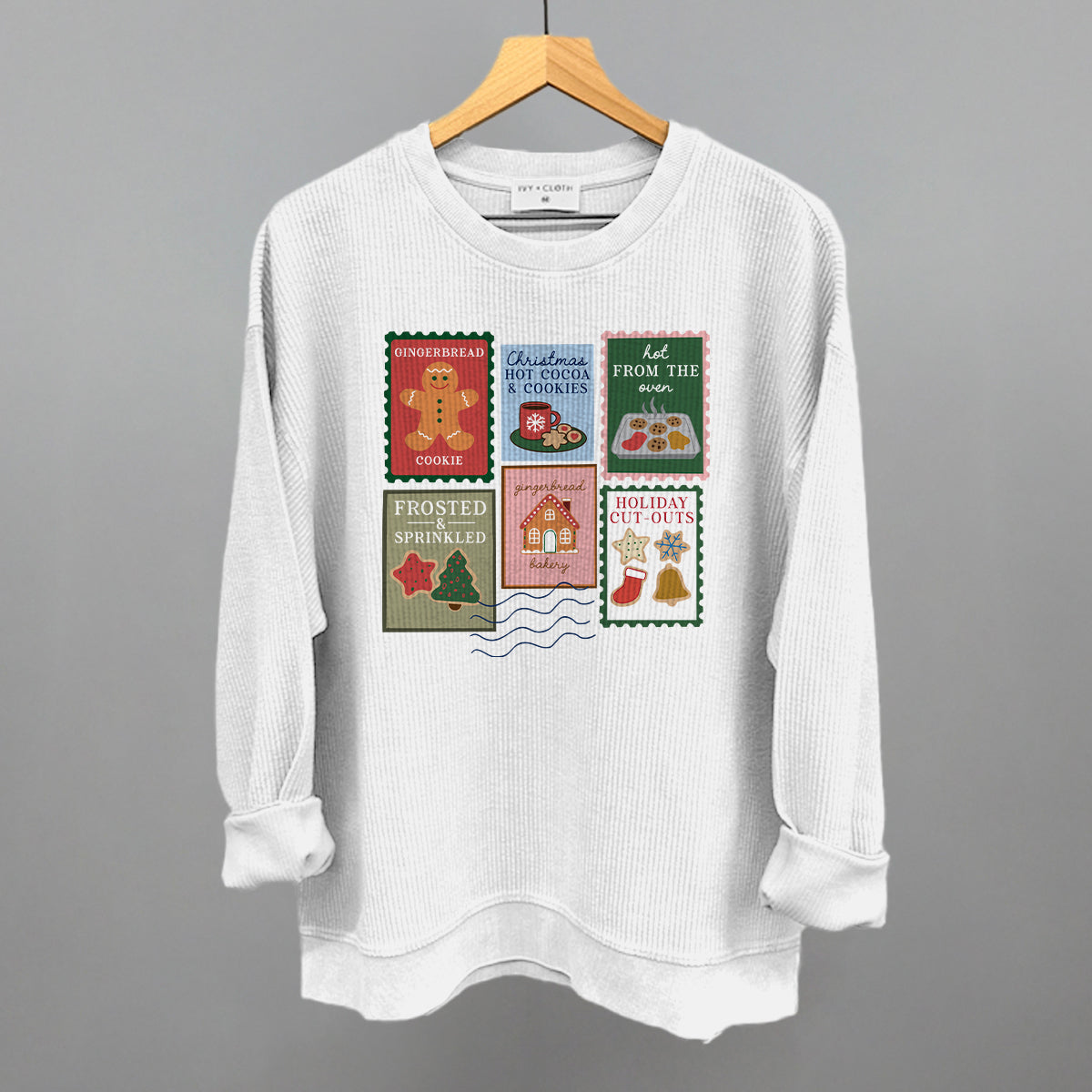 Christmas Cookie Stamps Funny Oversized Corded Crewneck Sweatshirt in White – Ivy + Cloth