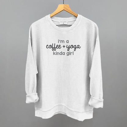 I'm A Coffee + Yoga Kinda Girl graphic oversized corded crew in White