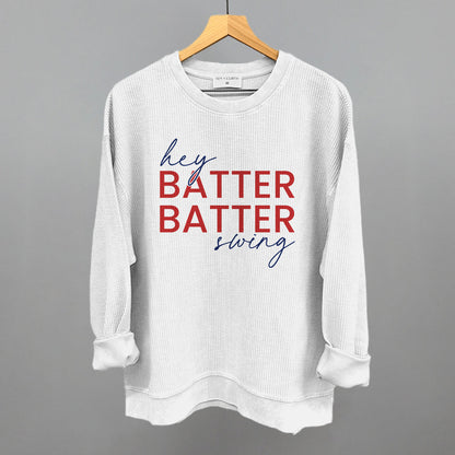 Hey Batter Batter Swing (Red + Navy) Funny Oversized Corded Crewneck Sweatshirt in White – Ivy + Cloth
