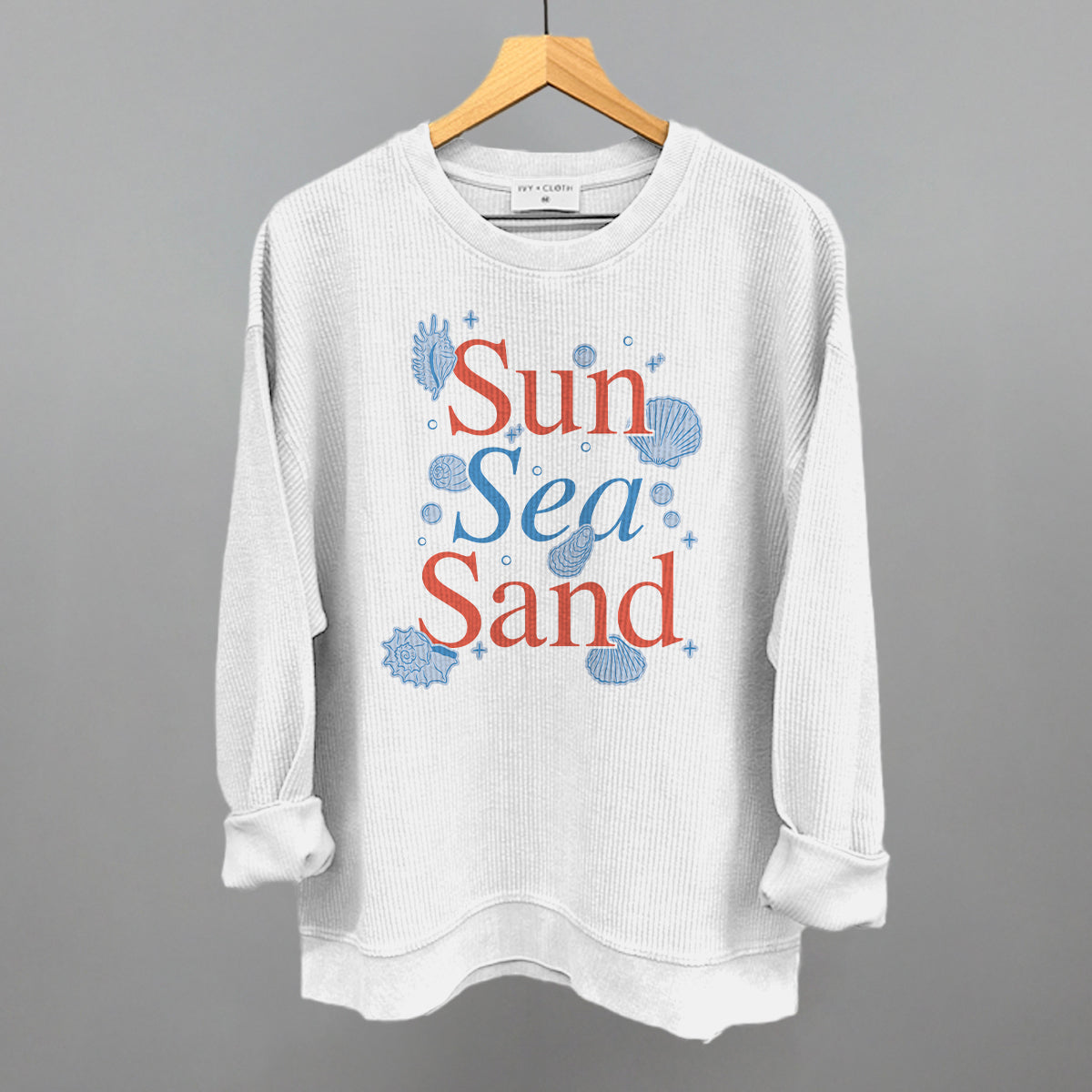 Sun Sea Sand Beach graphic oversized corded crew in White