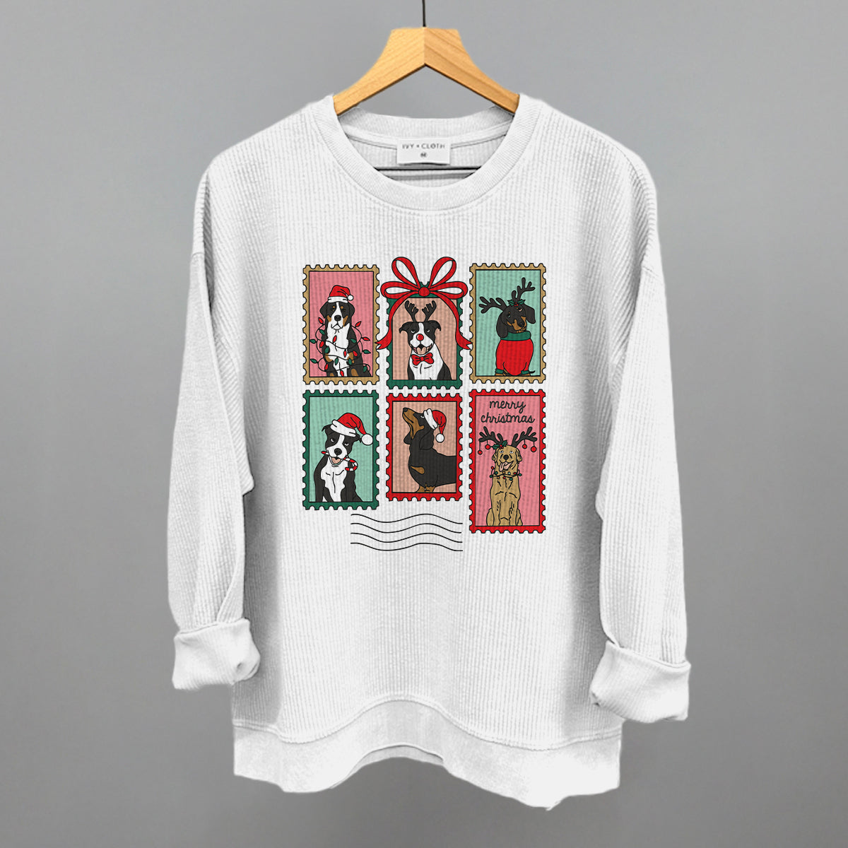 Dog Christmas Stamps Doodle Funny Oversized Corded Crewneck Sweatshirt in White – Ivy + Cloth