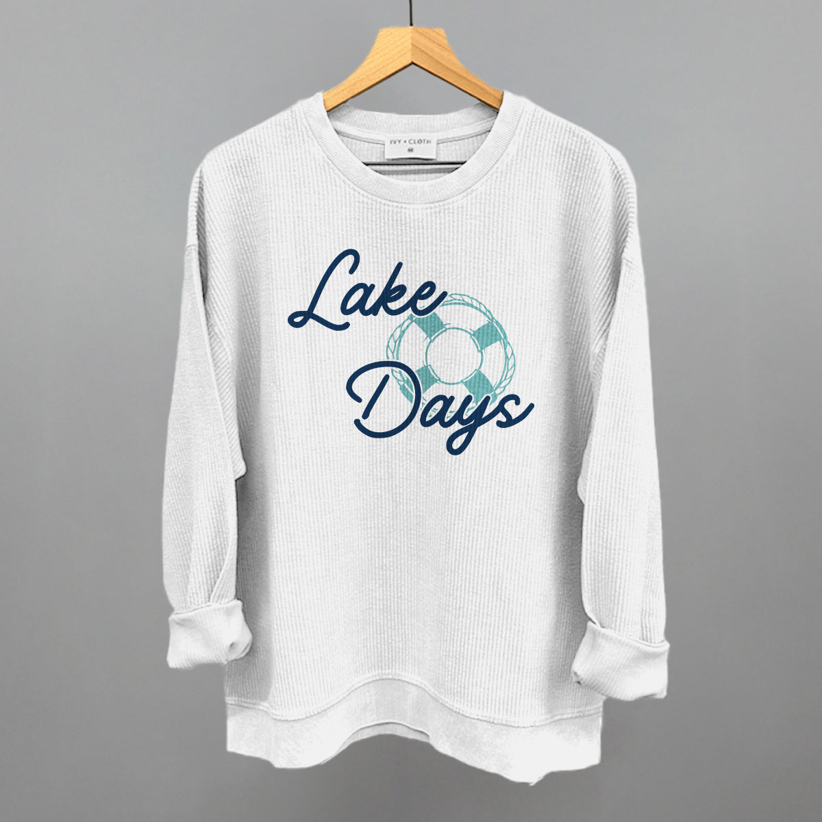 Lake Day Lifebuoy Funny Oversized Corded Crewneck Sweatshirt in White – Ivy + Cloth
