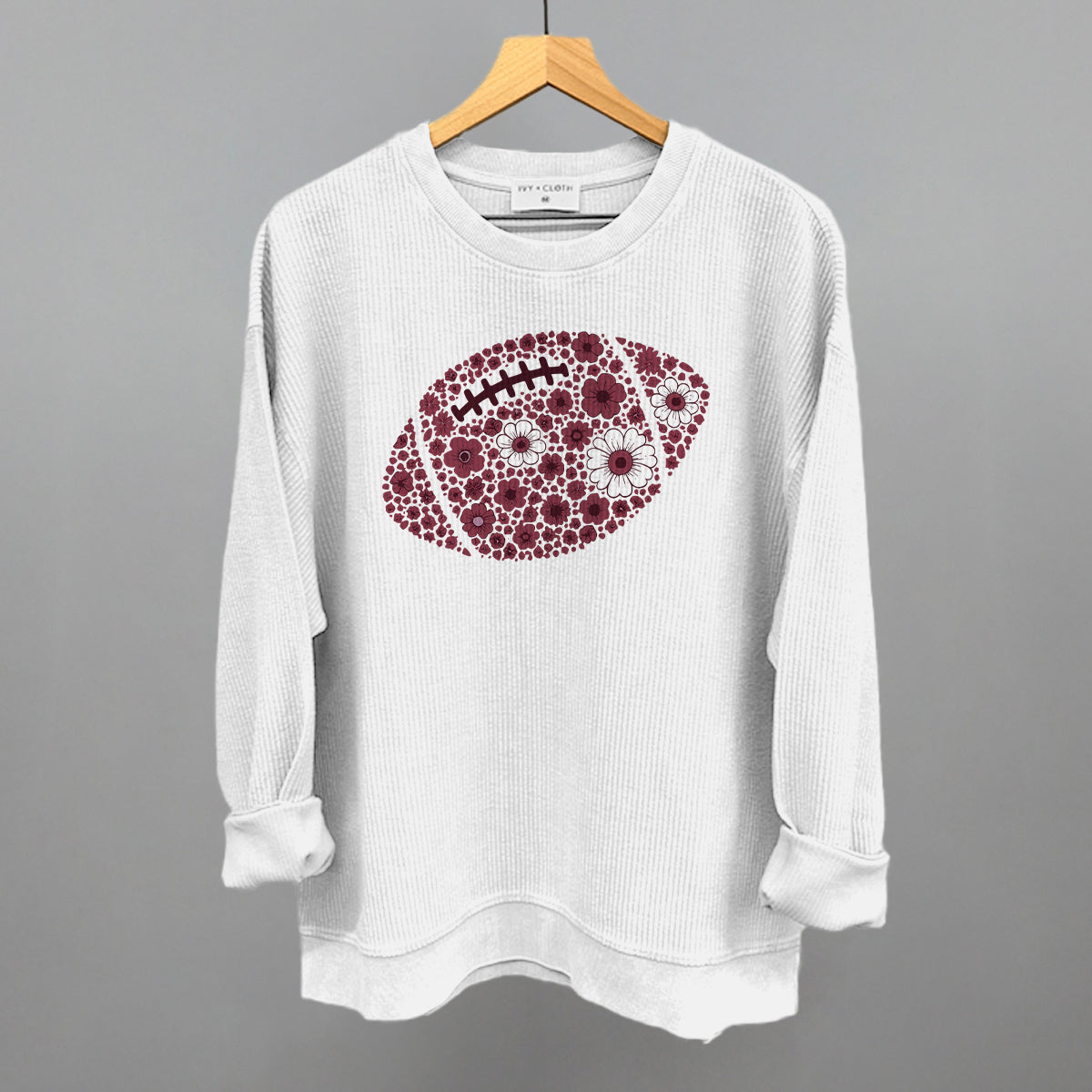 Floral Football Maroon Funny Oversized Corded Crewneck Sweatshirt in White – Ivy + Cloth