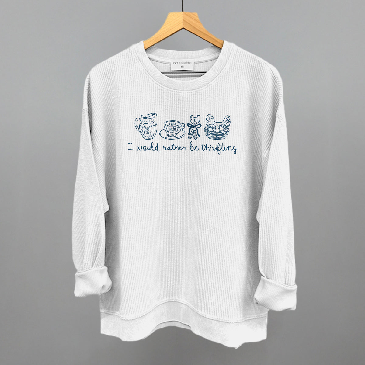 I Would Rather Be Thrifting graphic oversized corded crew in White