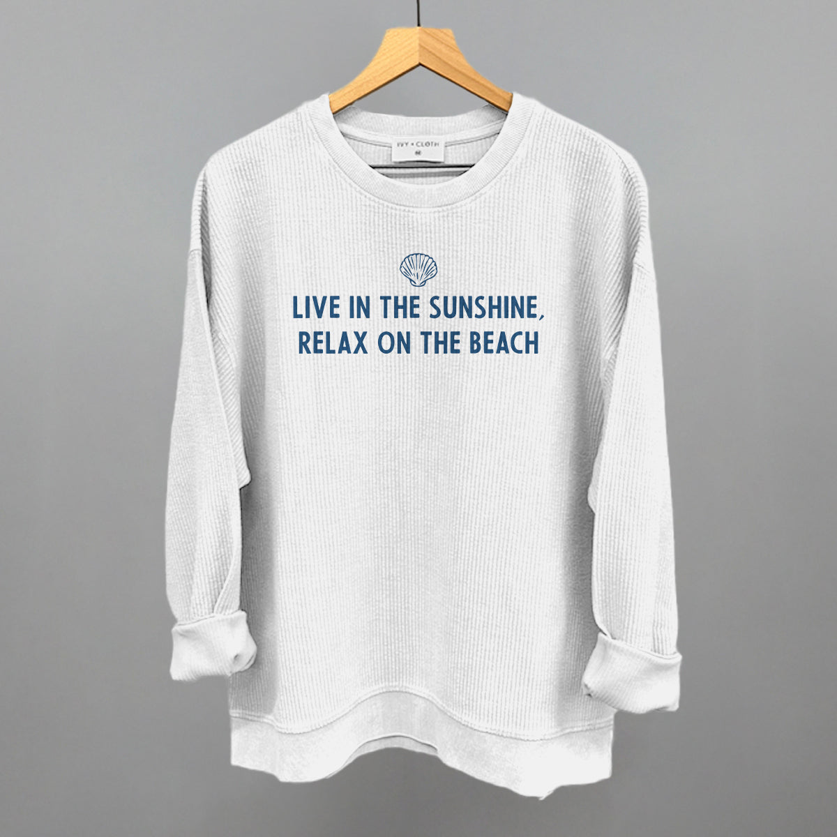 Live In The Sunshine, Relax On The Beach graphic oversized corded crew in White