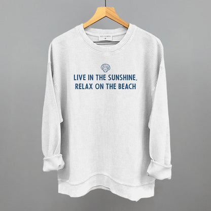 Live In The Sunshine, Relax On The Beach graphic oversized corded crew in White