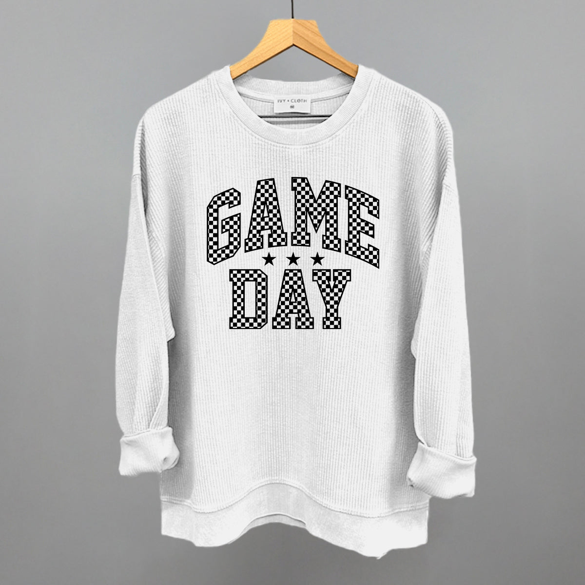 Game Day Checkered Arch Funny Oversized Corded Crewneck Sweatshirt in White – Ivy + Cloth