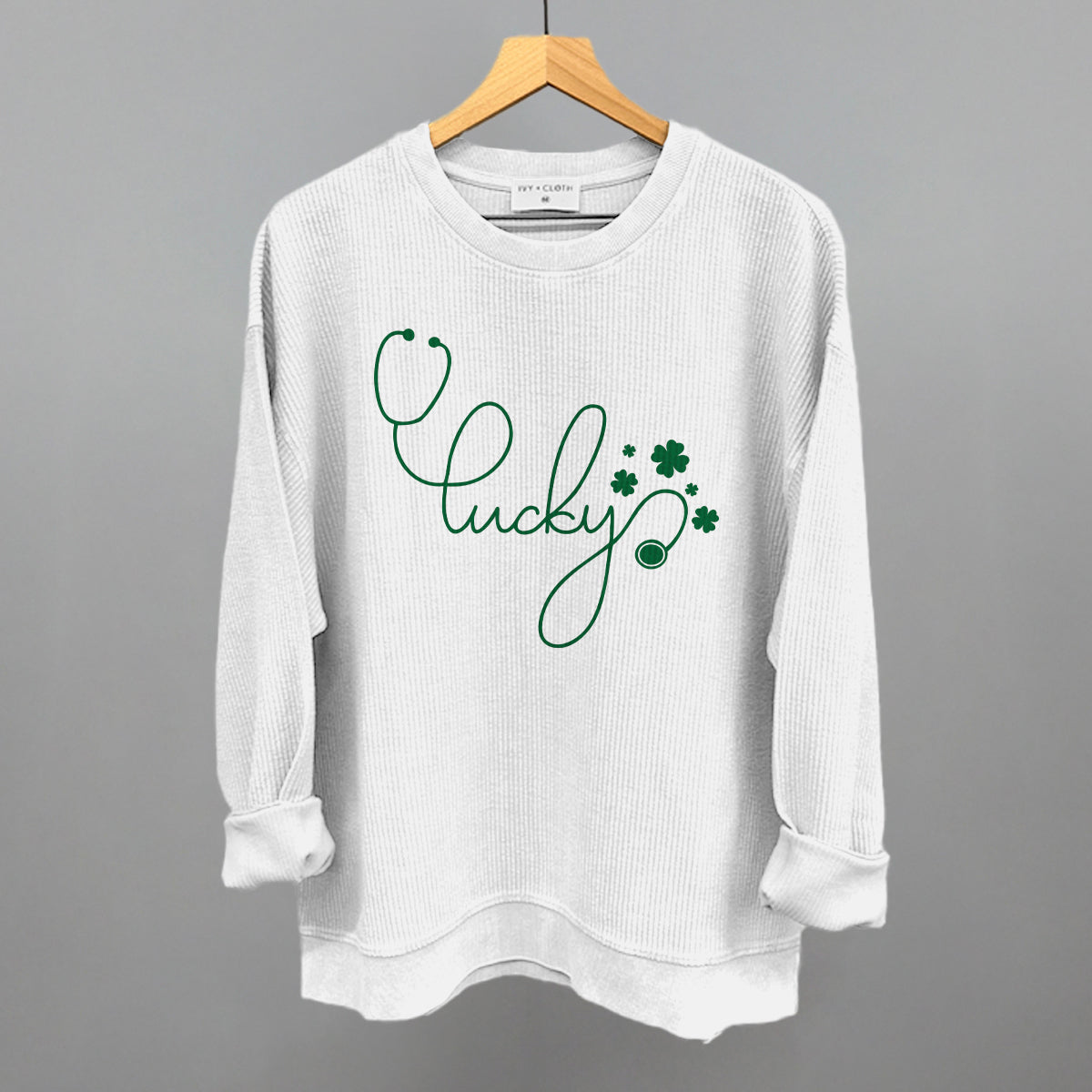 Lucky Script (Stethoscope) Funny Oversized Corded Crewneck Sweatshirt in White – Ivy + Cloth