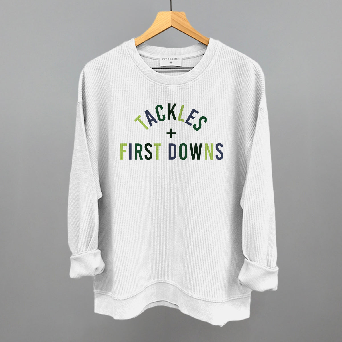 Tackles and First Downs Football graphic oversized corded crew in White