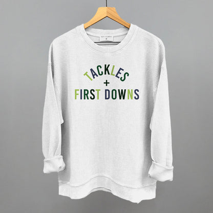 Tackles and First Downs Football graphic oversized corded crew in White