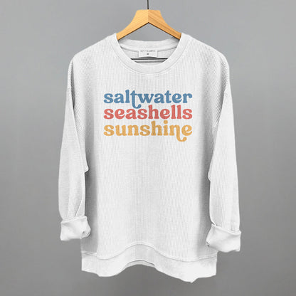 Saltwater, Seashells, Sunshine Beach graphic oversized corded crew in White