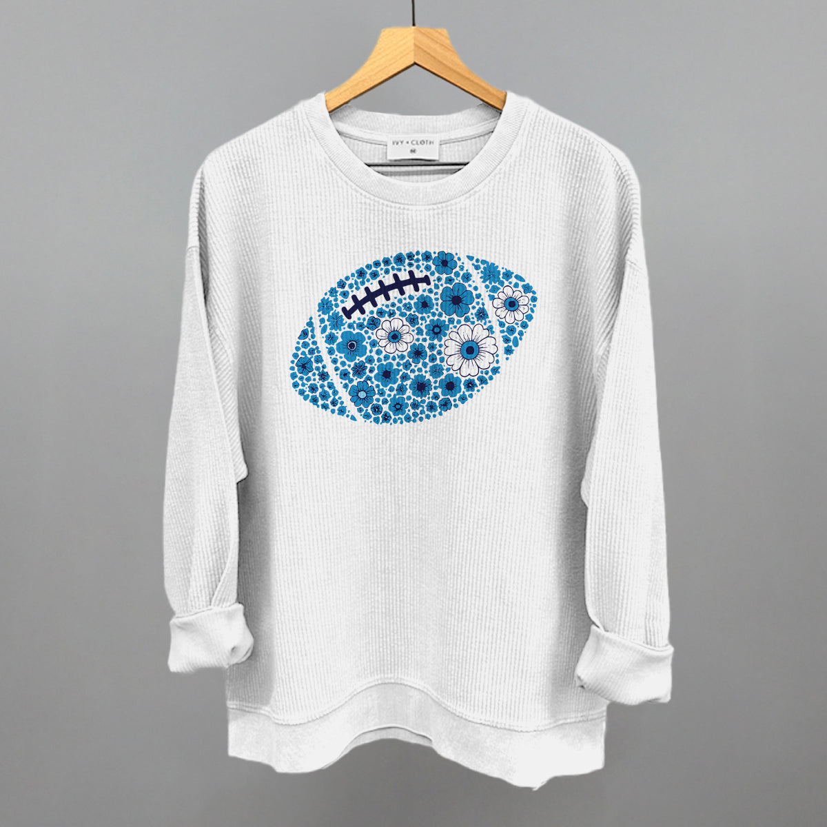 Floral Football Blue Funny Oversized Corded Crewneck Sweatshirt in White – Ivy + Cloth
