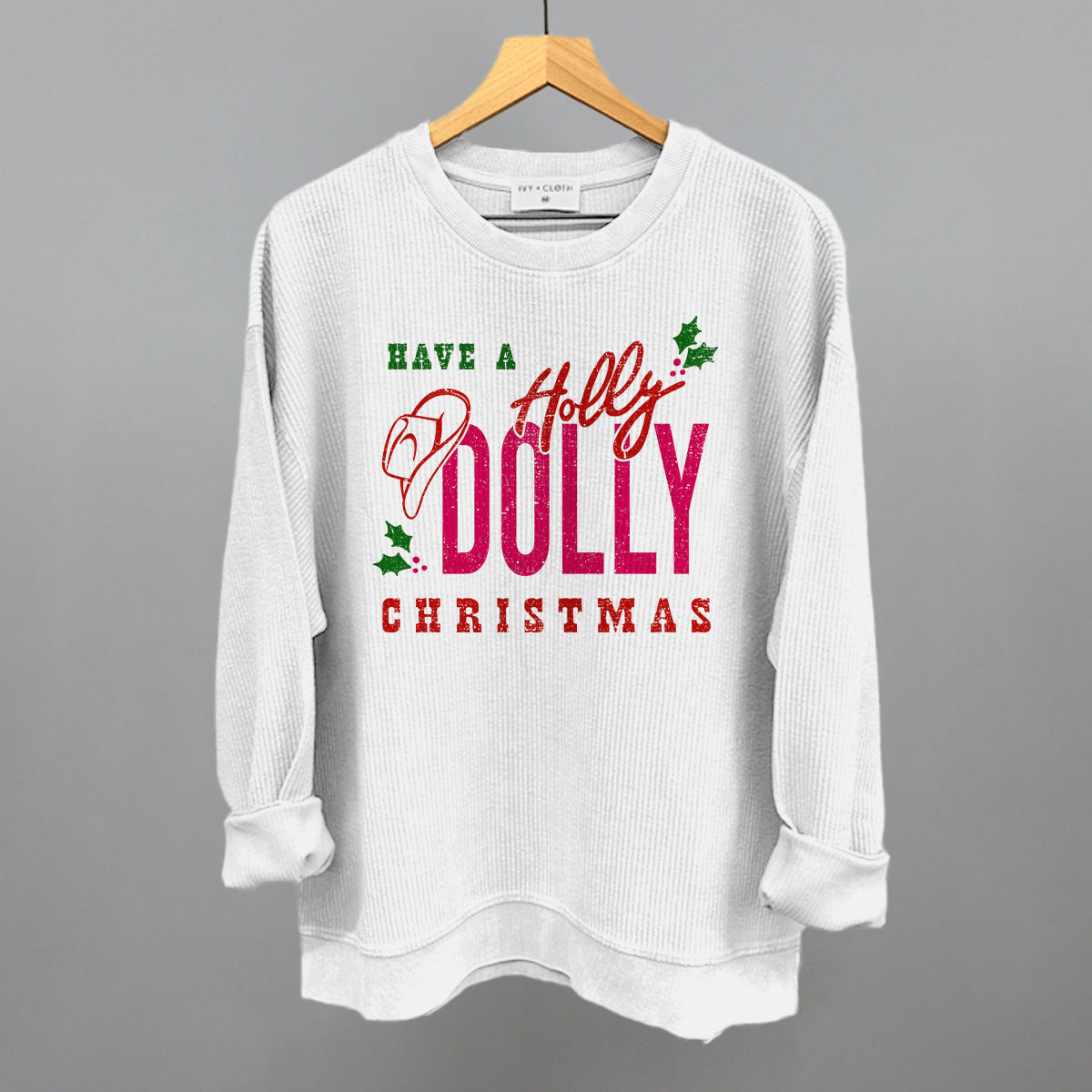 Holly Dolly Christmas Funny Oversized Corded Crewneck Sweatshirt in White – Ivy + Cloth