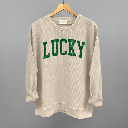 Lucky Collegiate Distressed Funny Oversized Corded Crewneck Sweatshirt in Moonbeam – Ivy + Cloth