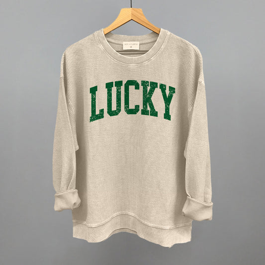 Lucky Collegiate Distressed Funny Oversized Corded Crewneck Sweatshirt in Moonbeam – Ivy + Cloth