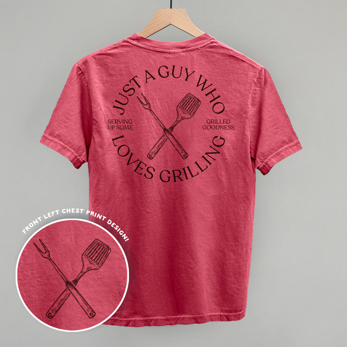 Just A Guy Who Loves Grilling graphic top in Crimson