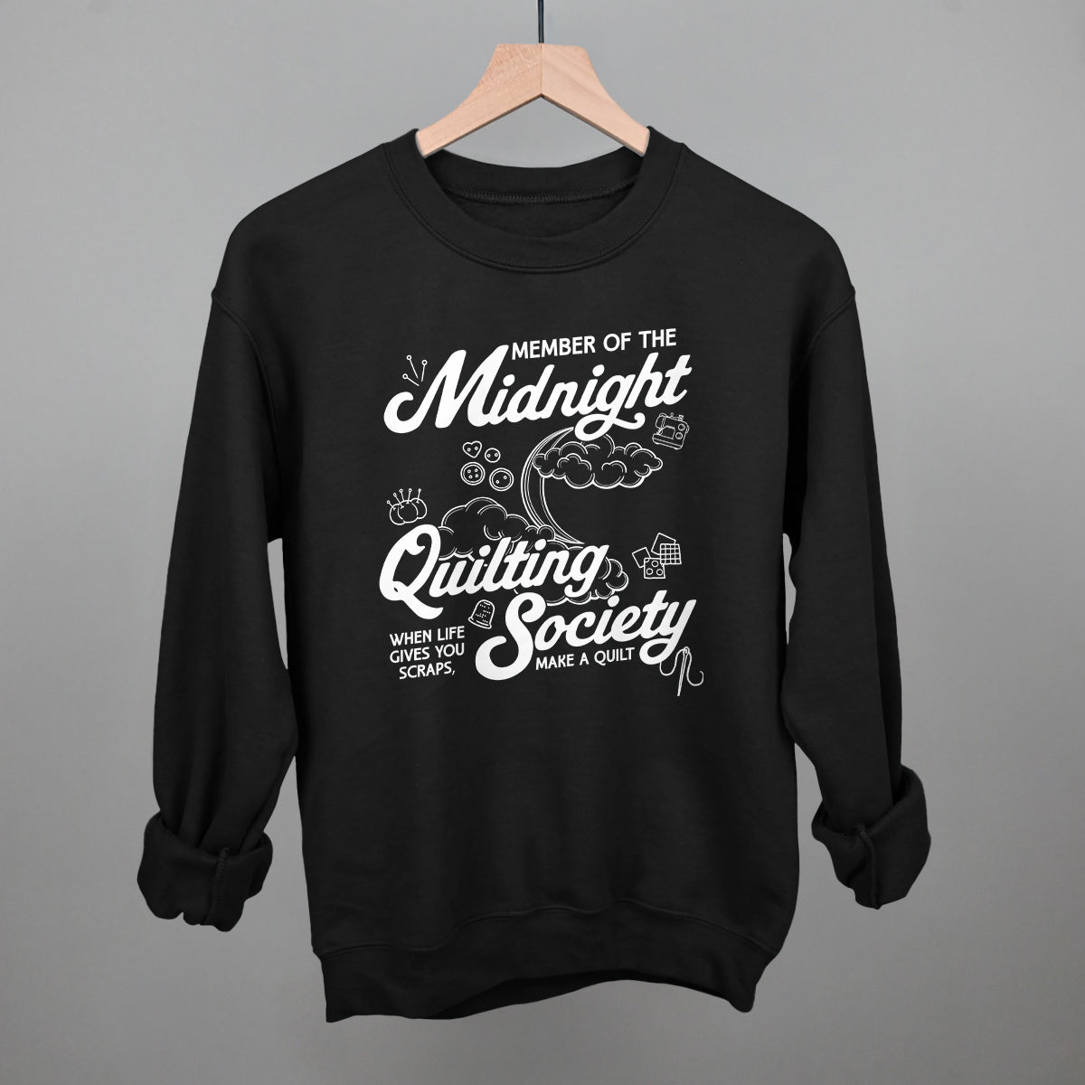 Midnight Quilting Society graphic crewneck sweatshirt in Black