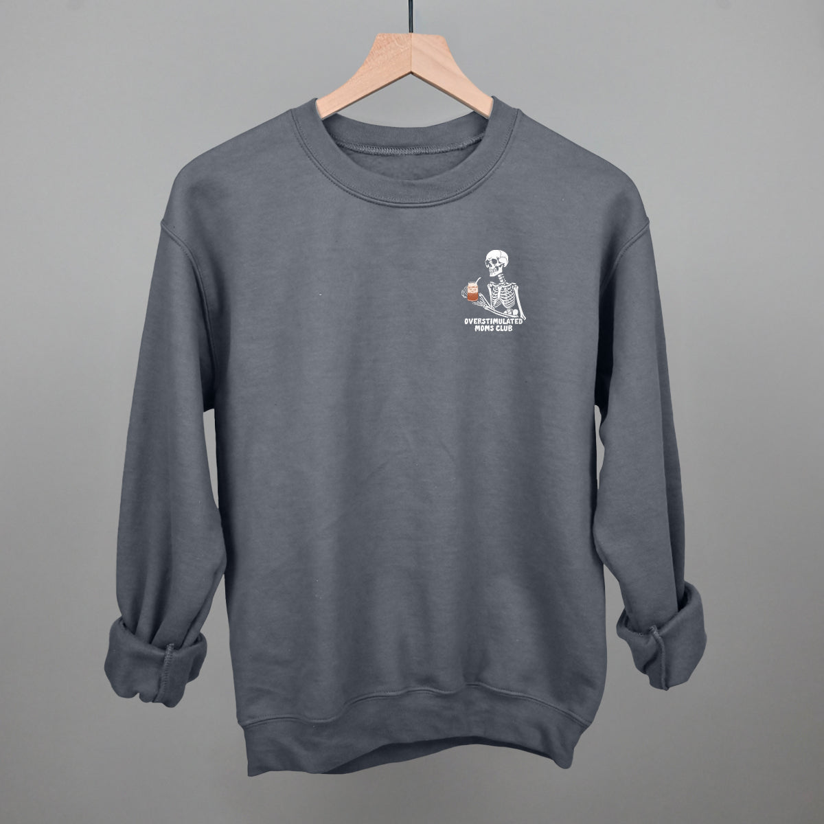 Overstimulated Moms Club Skeleton Coffee graphic crewneck sweatshirt in Charcoal