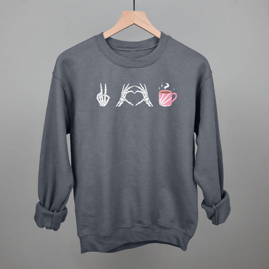 Peace Love Coffee Skeleton Halloween graphic crewneck sweatshirt in Charcoal
