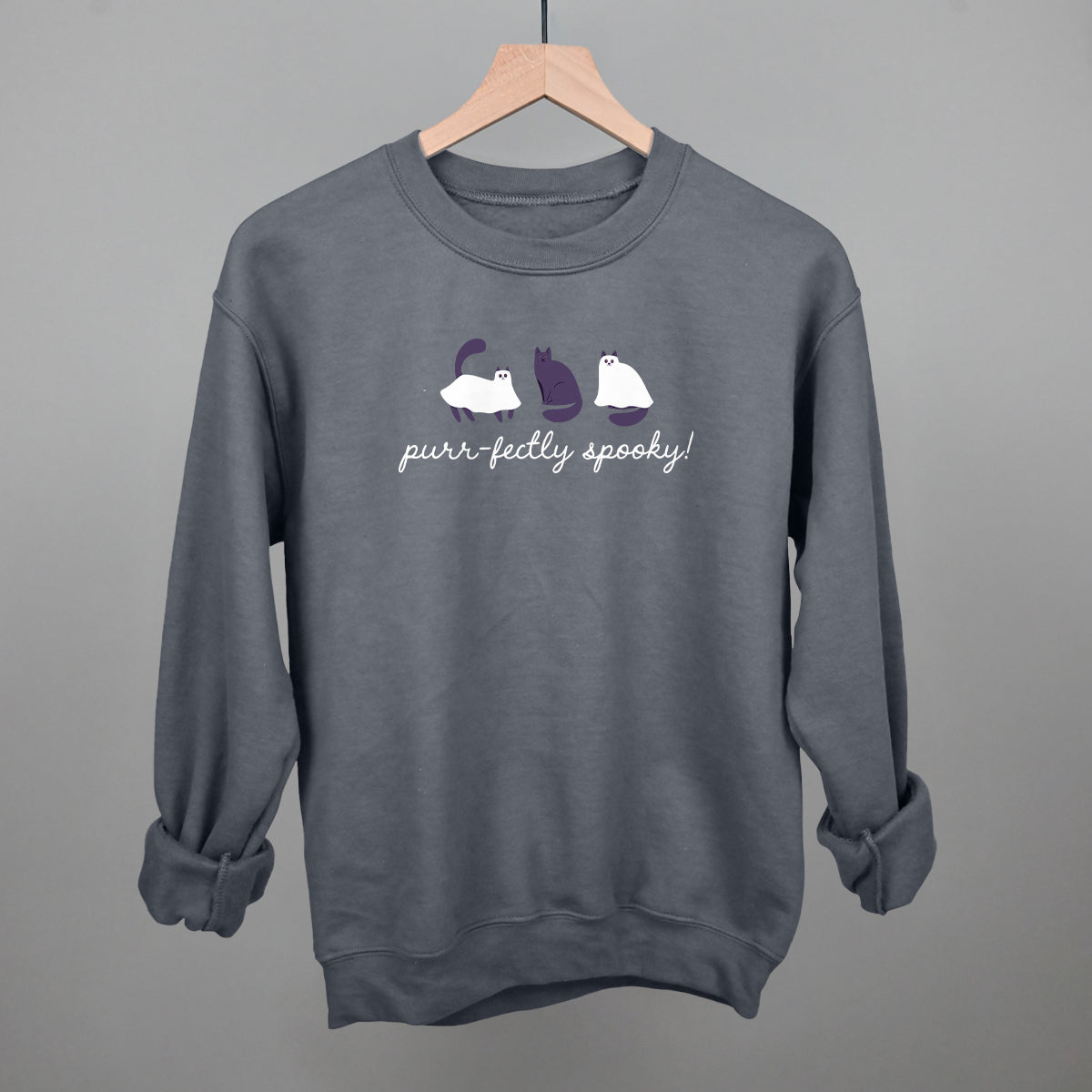 Purr-fectly Spooky Cat Halloween graphic crewneck sweatshirt in Charcoal