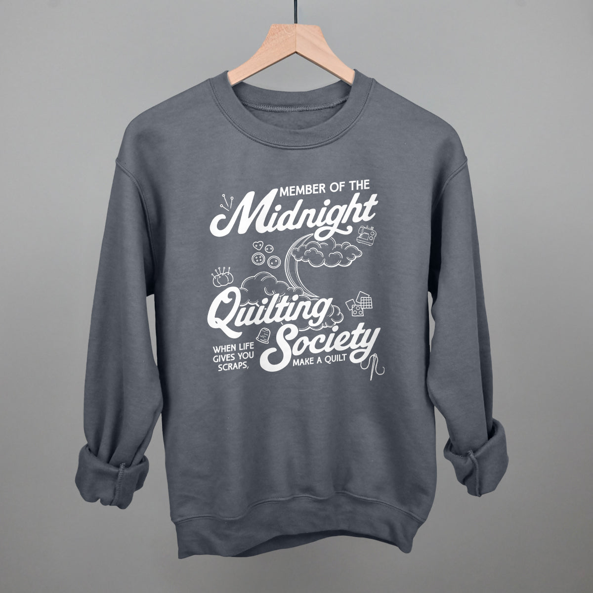Midnight Quilting Society graphic crewneck sweatshirt in Charcoal