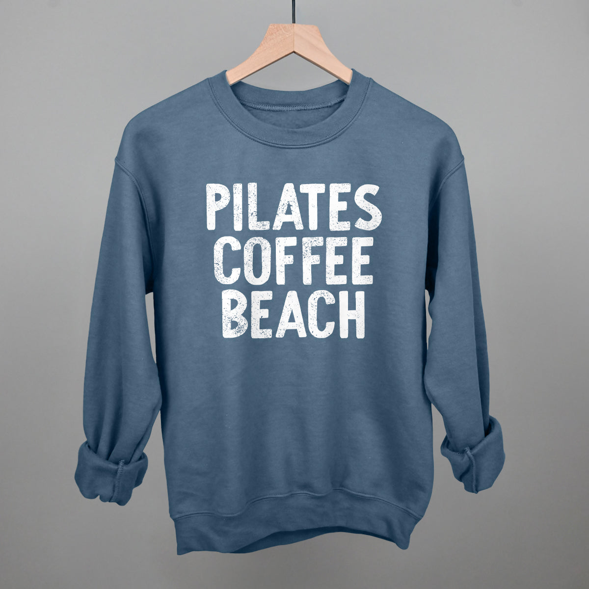 Pilates, Coffee, Beach graphic crewneck sweatshirt in Indigo Blue