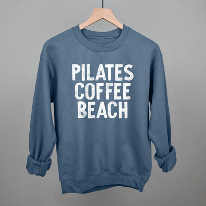 Pilates, Coffee, Beach graphic crewneck sweatshirt in Indigo Blue
