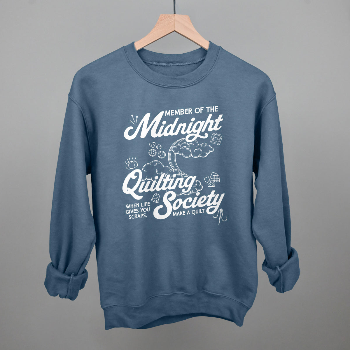 Midnight Quilting Society graphic crewneck sweatshirt in Indigo Blue
