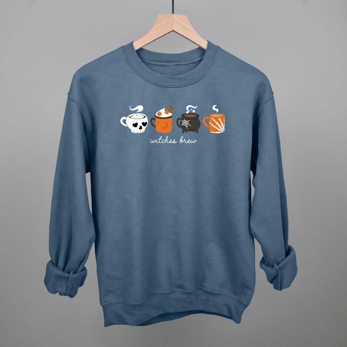 Witches Brew Halloween Coffee graphic crewneck sweatshirt in Indigo Blue