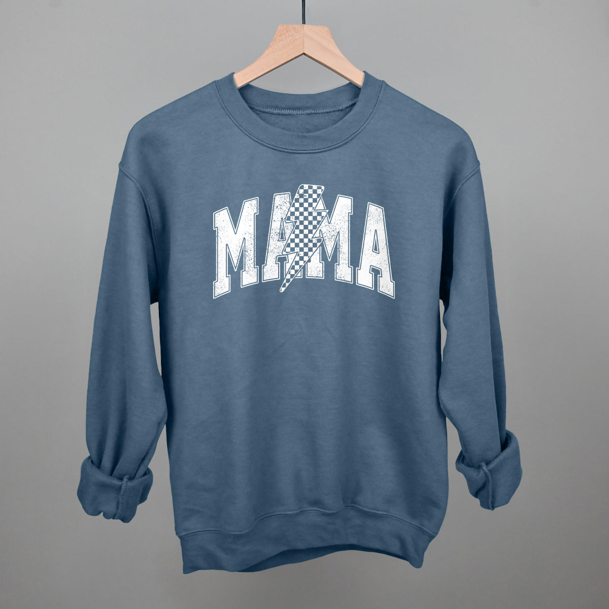 Mama Lightning Bolt Checkered graphic crewneck sweatshirt in Indigo Blue