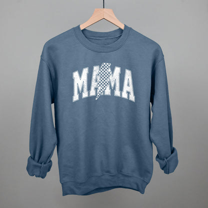 Mama Lightning Bolt Checkered graphic crewneck sweatshirt in Indigo Blue