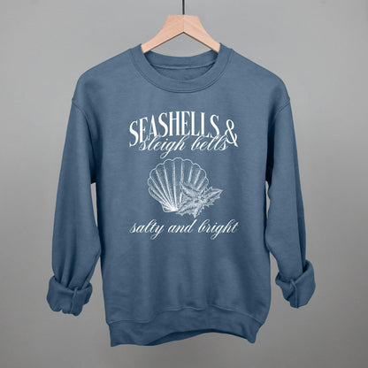 Seashells & Sleigh Bells Coastal Christmas graphic crewneck sweatshirt in Indigo Blue