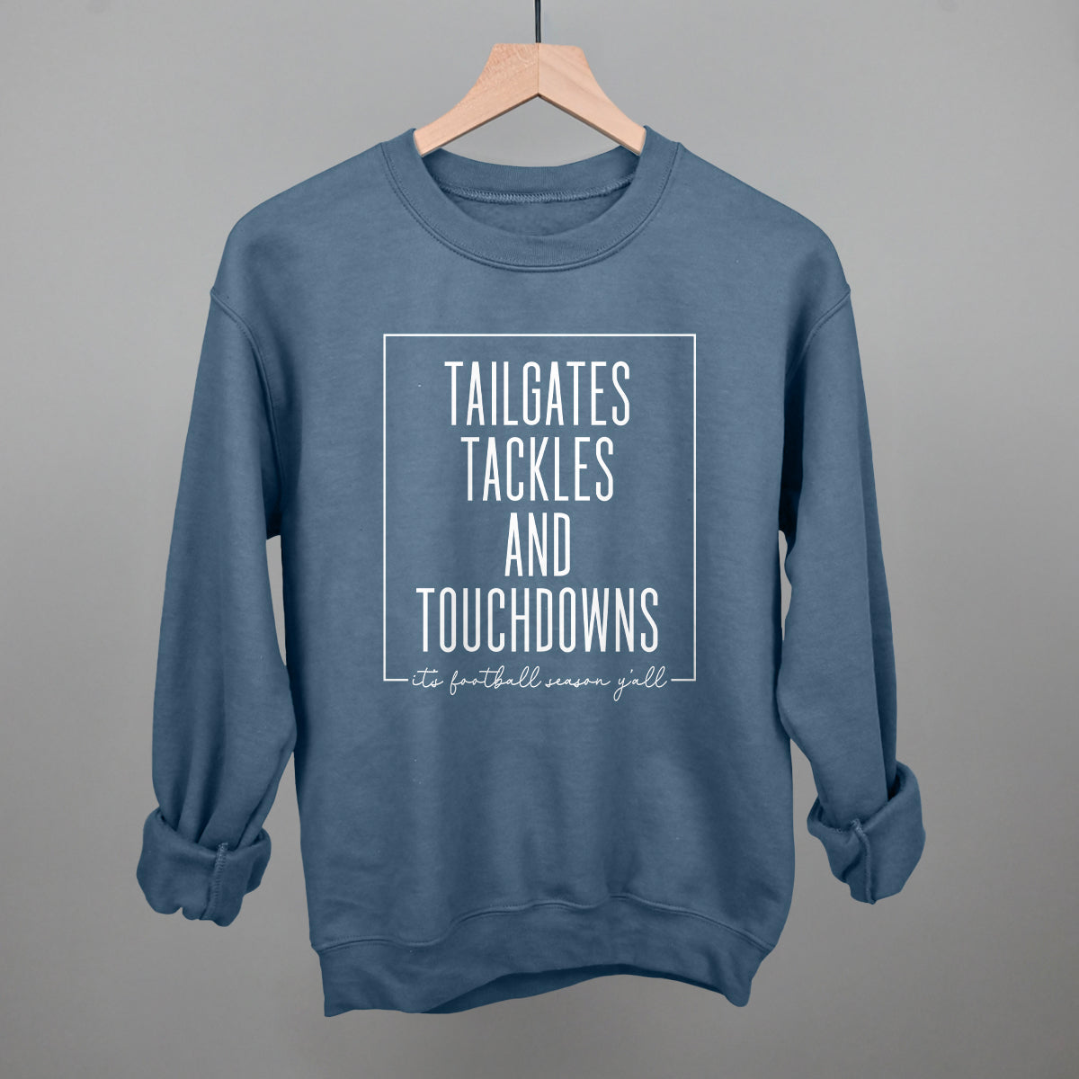 Tailgates, Tackles and Touchdowns Football graphic crewneck sweatshirt in Indigo Blue