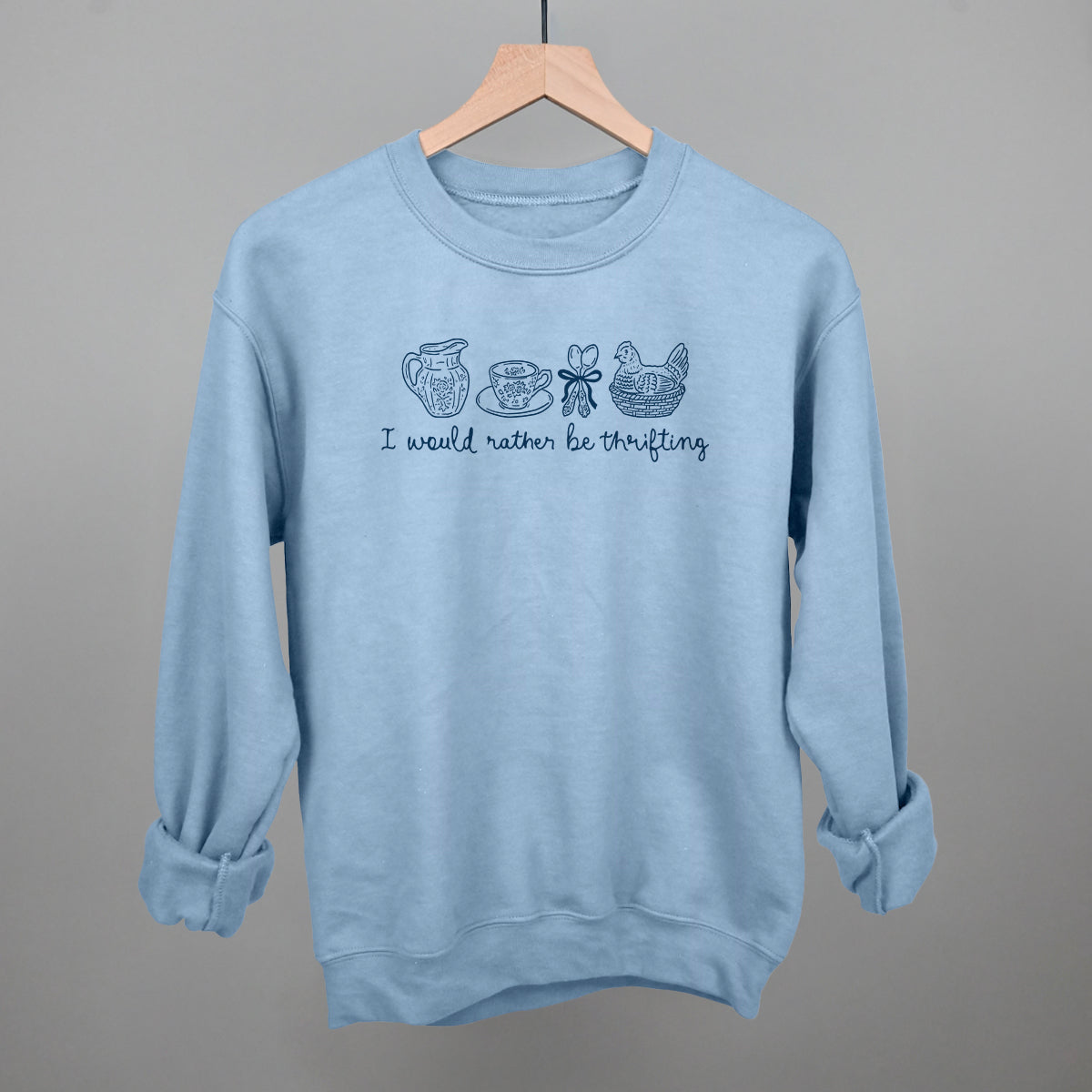 I Would Rather Be Thrifting graphic crewneck sweatshirt in Light Blue