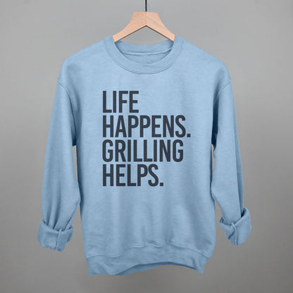 Life Happens Grilling Helps graphic crewneck sweatshirt in Light Blue