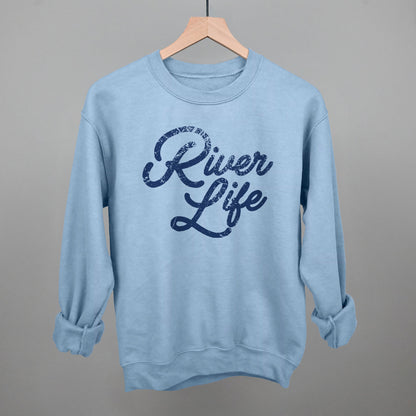 River Life (Distressed Script) Funny Sweatshirt in Light Blue – Ivy + Cloth