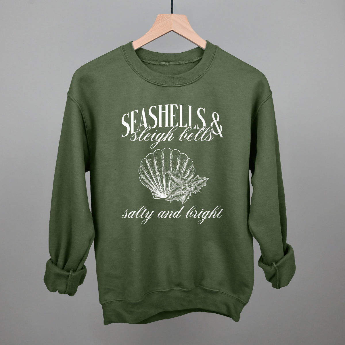 Seashells & Sleigh Bells Coastal Christmas graphic crewneck sweatshirt in Military Green
