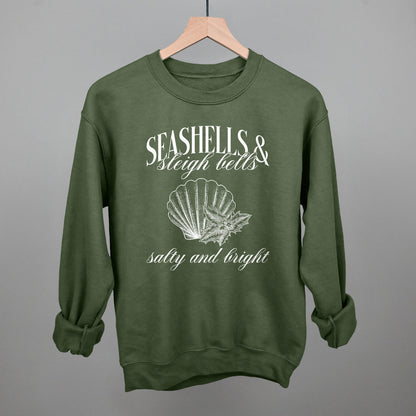 Seashells & Sleigh Bells Coastal Christmas graphic crewneck sweatshirt in Military Green