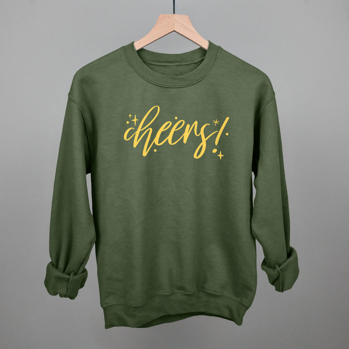 Cheers Gold Script + Sparkles Funny Sweatshirt in Military Green – Ivy + Cloth